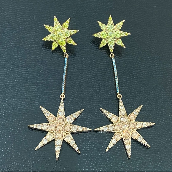 XIXI Gold-tone Double Star CZ Cubic Zirconia Drop Earrings 18.5g - Picture 5 of 15